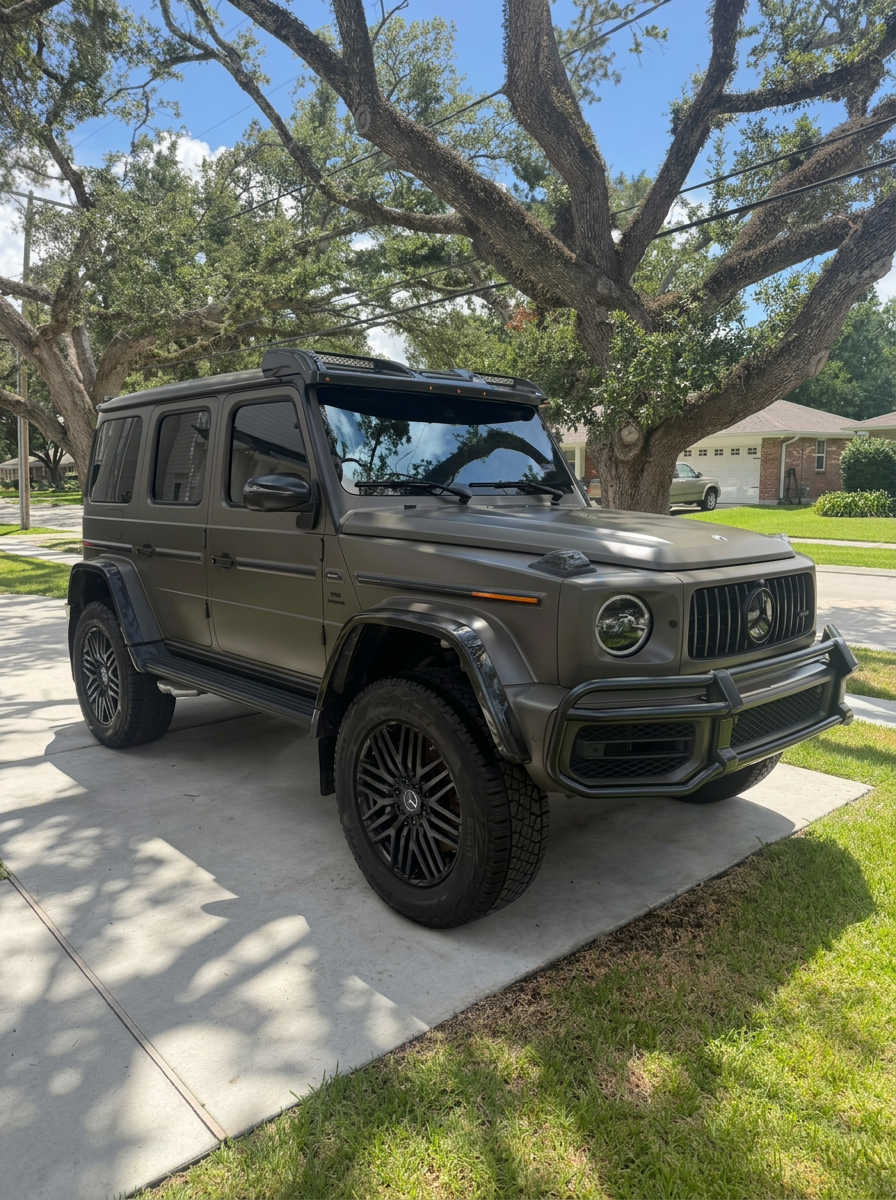 Matte Mercedes-Benz G-Class on a driveway with mobile detailing equipment nearby
